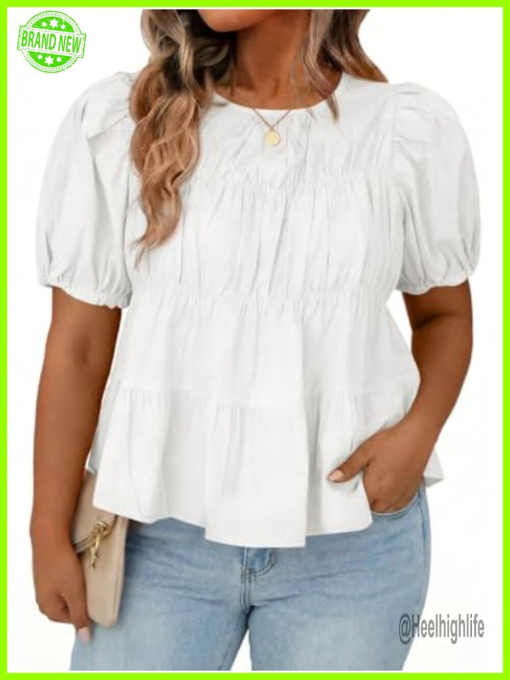 Womens Plus Size 100% Cotton Puff Sleeve Peplum Babydoll Top